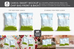 A digital product cover image for the Chip Bag Front & Back Canva Smart Mockup. The top portion displays isolated top and standing views of chip bag packaging showing front and back layouts against a transparent grid. The bottom row features four pre-made lifestyle scenes: a bright party-themed flat lay with confetti, a Valentine-themed spread with rose petals, a rustic wooden table setting, and a wooden surface with a blurred background.