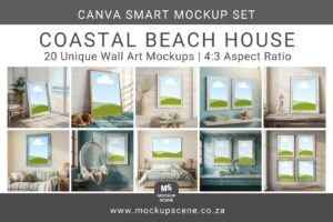 A grid of 20 diverse coastal beach house wall art mockups in various frames, sizes, and room settings featuring shiplap walls, ocean decor, and drag-and-drop Canva smart frames.