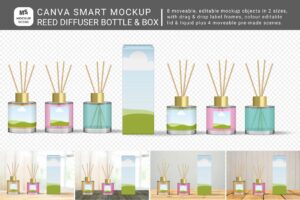 A digital product cover image for the Reed Diffuser Bottle & Box Canva Smart Mockup. The left side displays isolated tall and short glass diffuser bottles with wooden reeds—shown with and without labels—alongside tall packaging boxes against a transparent background. The right side features four pre-made lifestyle scenes showcasing the bottles and boxes arranged on wooden shelves and tabletops in bright, airy room settings.
