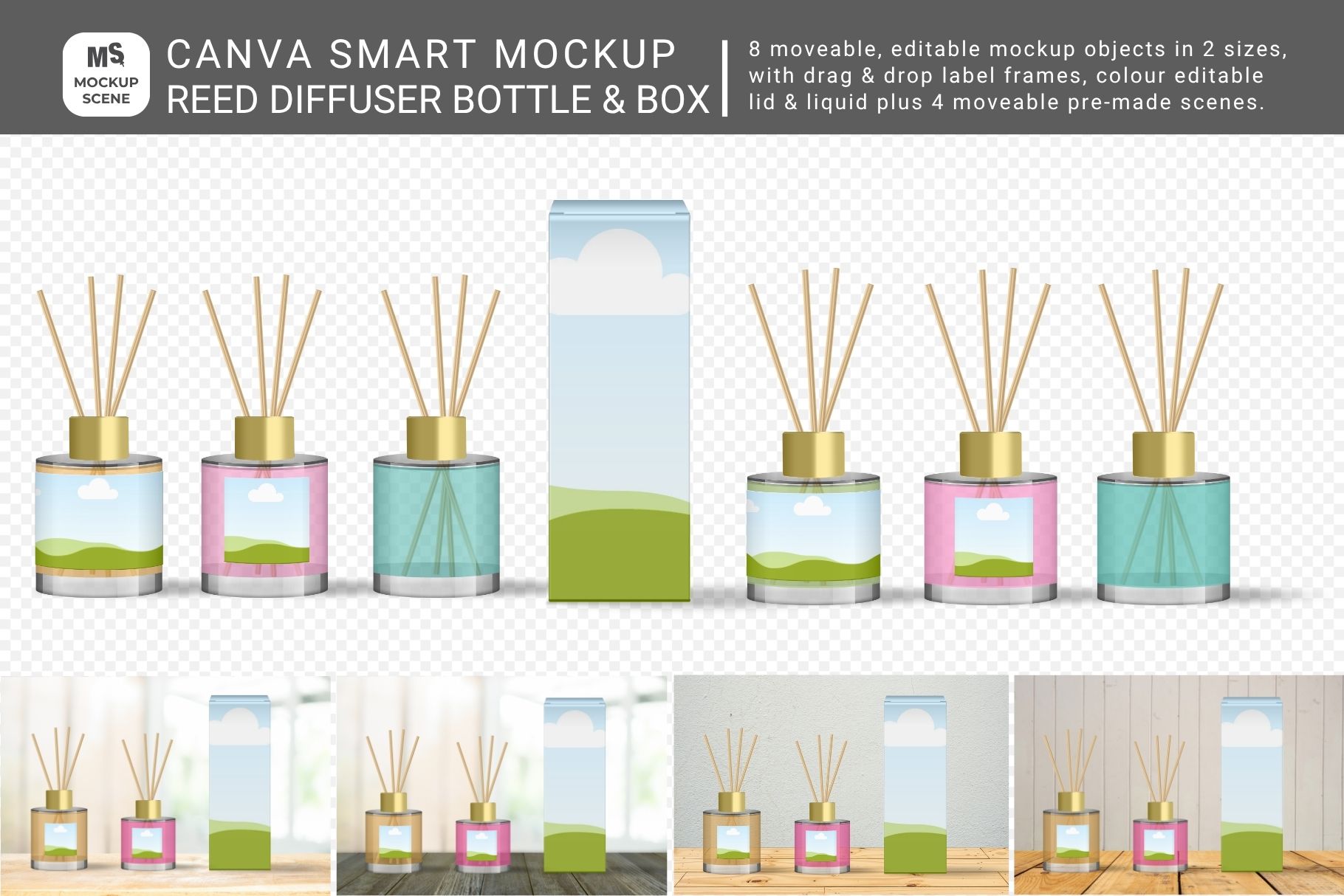 A digital product cover image for the Reed Diffuser Bottle & Box Canva Smart Mockup. The left side displays isolated tall and short glass diffuser bottles with wooden reeds—shown with and without labels—alongside tall packaging boxes against a transparent background. The right side features four pre-made lifestyle scenes showcasing the bottles and boxes arranged on wooden shelves and tabletops in bright, airy room settings.